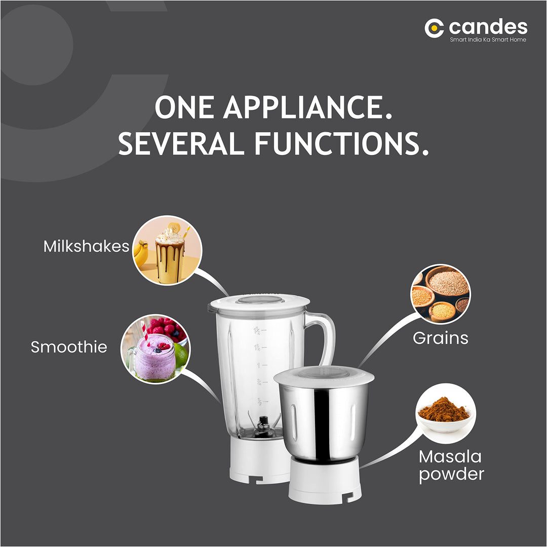 Candes Punch 550-Watt Juicer Mixer Grinder with 2 Jars, 1 Year Warranty (White, Grey)