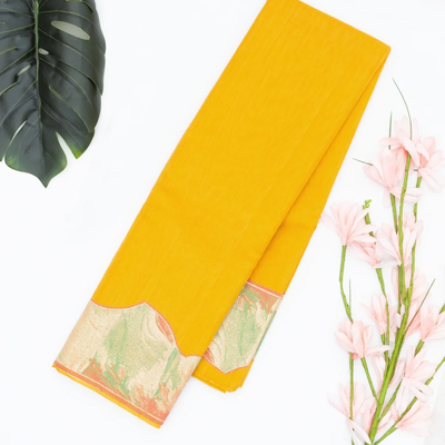 Mustard Handloom Plain Kanchipuram Silk Saree With Abstract Motifs In Border