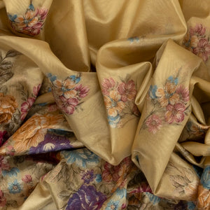 Gold Woven Tissue Saree With Floral Print & Embroidery