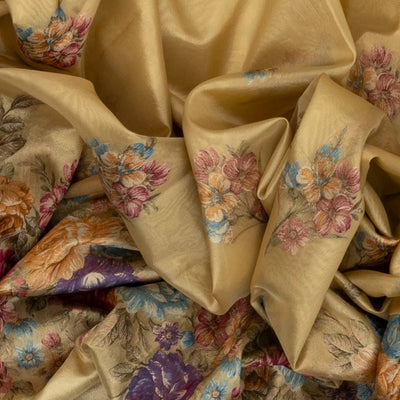 Gold Woven Tissue Saree With Floral Print & Embroidery