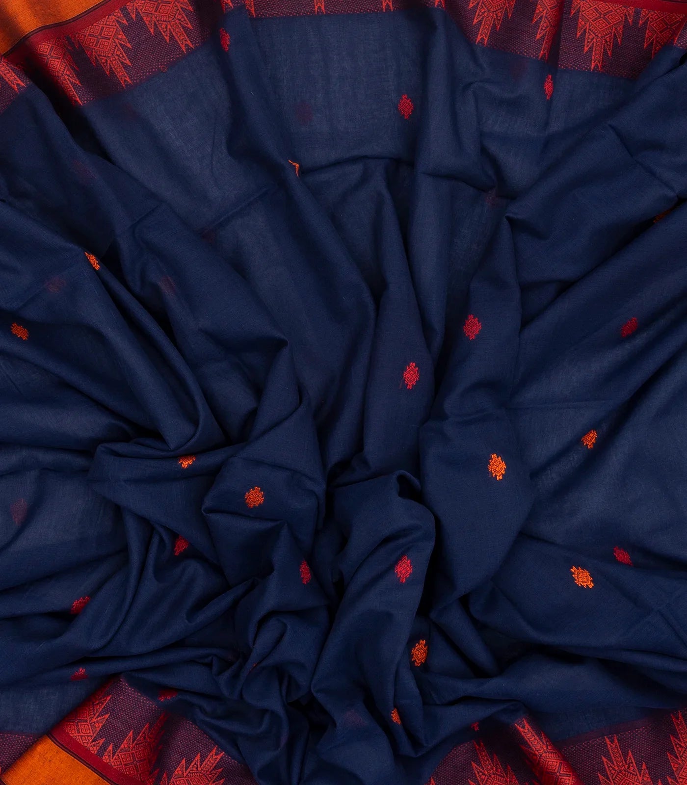 Navy Blue Handloom Bengal Cotton Saree With Temple Border