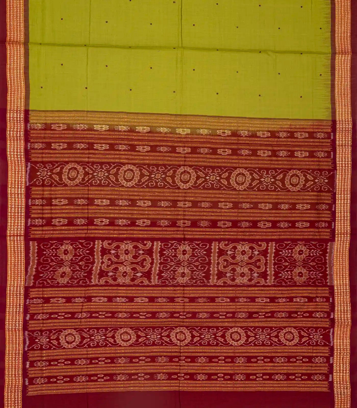 Light Green Handloom Orissa Cotton Saree With Mustard Tie & Dye Pallu