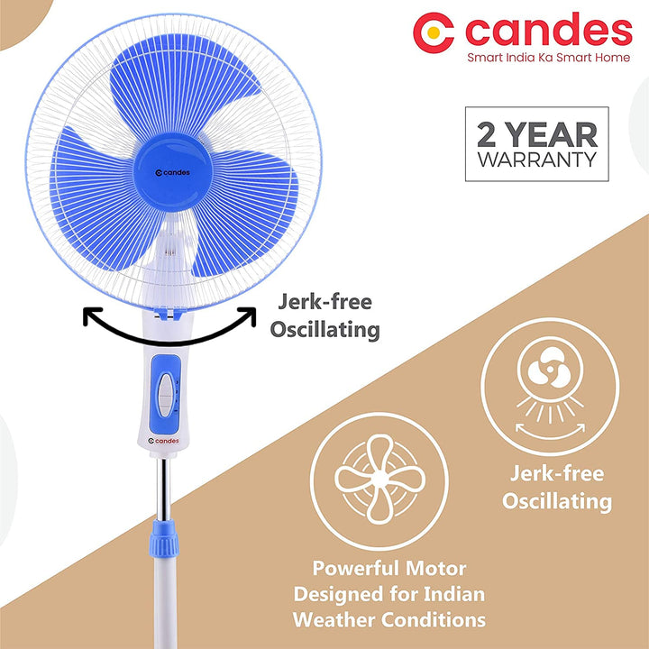 Candes Platine 400mm 3 Blade Automatic Oscillation Pedestal Fan With 2 Years Warranty (White Blue)