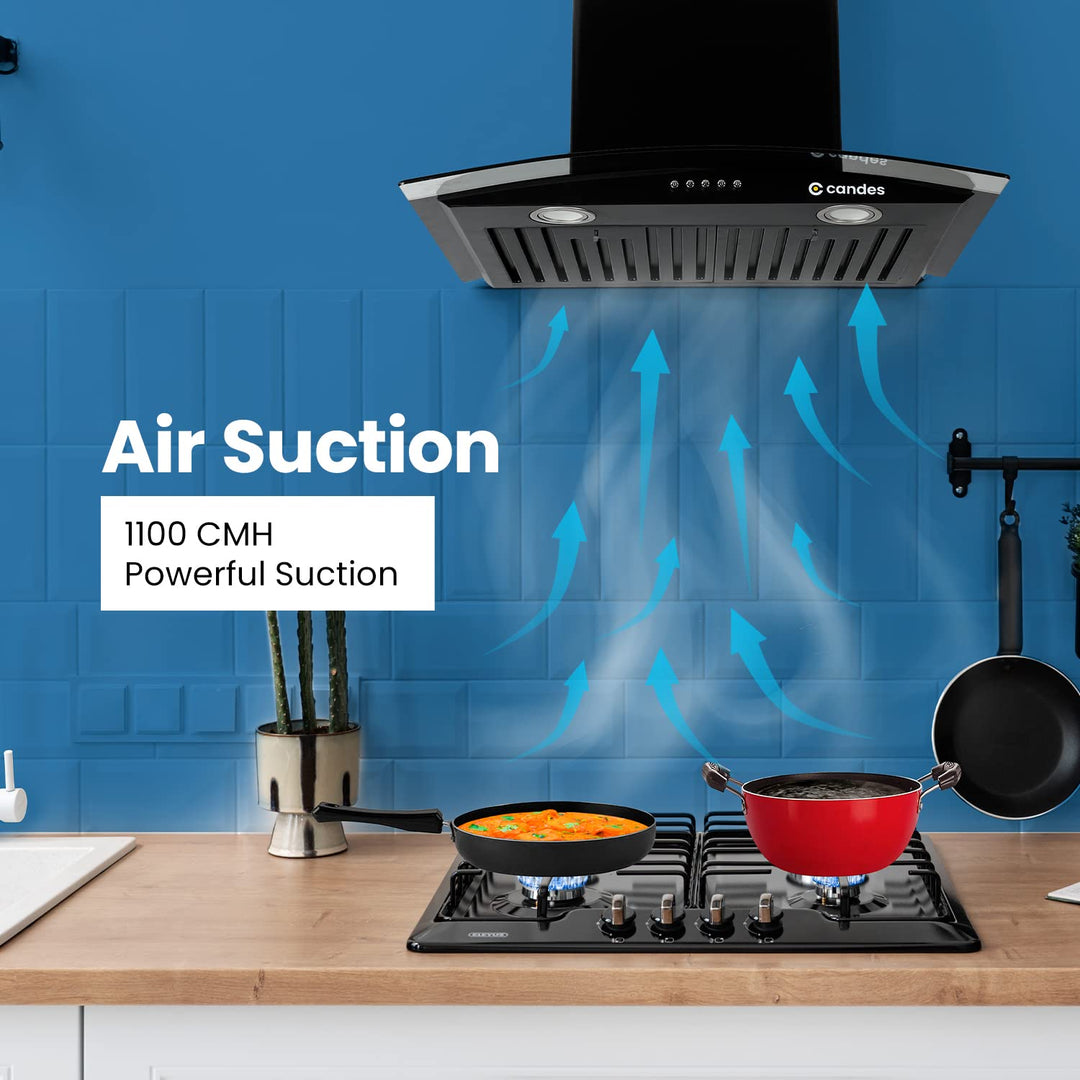 Candes Blaze Kitchen Chimney 60 Cms with Powerful 1100 m3/h Suction| Stainless Steel Baffle Filter | Curved Glass |Oil Collector |Anti-Fingerprint & Black Wall Mount Range Hood |3 Level Push Control | Stainless Steel Baffle Filter | Metal Blower | 2 Level