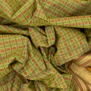 Cardamom Green Handloom Kanchi Cotton Saree With Checks & Kamalam Motifs