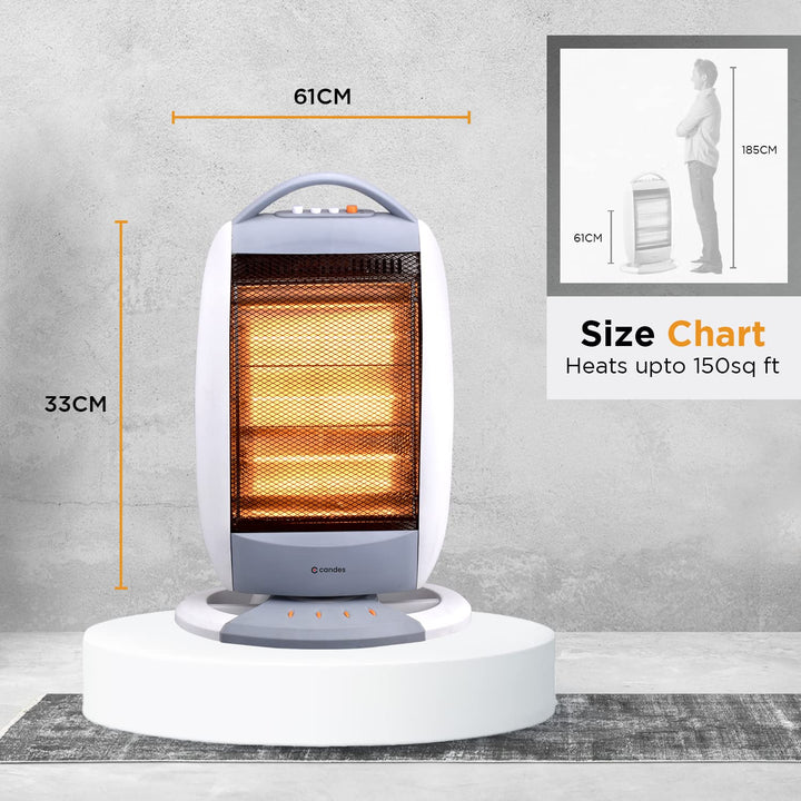 Candes New Infra3 1200 Watt Noiseless Portable Halogen Room Heater with Auto Moving Feature upto 180 degree ABS Body 3 Stage Heating Controller Overheating Protection 1Year Warranty White & Grey