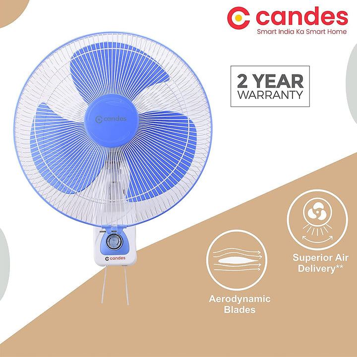 Candes Aura 3 Blade Automatic Oscillation Wall Fan With 2 Year Warranty (White Blue, 300mm)