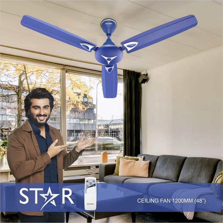 Candes Star 1200mm High-Speed Decorative Remote Ceiling Fans for Home | BEE 3 Star Rated 405 RPM Anti-Dust | 2 Years Warranty (Silver Blue) Pack of 1