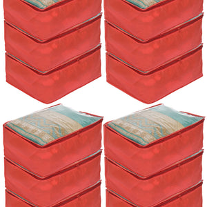 Kuber Industries Transparent Underbed Storage Cover/Lehenga Cover/Saree Cover/Gown Cover/Salwar Suit Cover For Women-Pack of 12 (Red)
