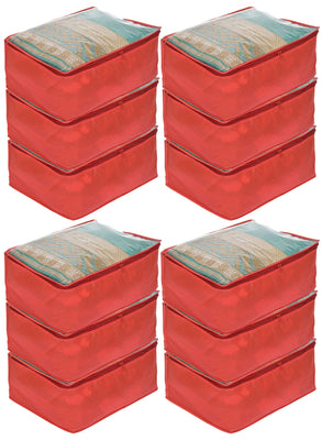 Kuber Industries Transparent Underbed Storage Cover/Lehenga Cover/Saree Cover/Gown Cover/Salwar Suit Cover For Women-Pack of 12 (Red)