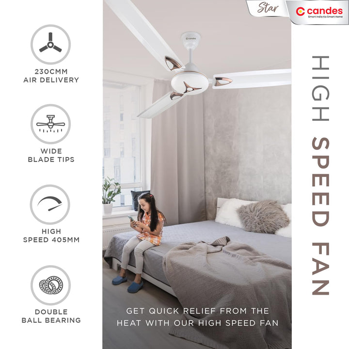 Candes Star 1200mm High-Speed Decorative Ceiling Fans for Home | BEE 3 Star Rated 405 RPM Anti-Dust | 2 Years Warranty (White) Pack of 1