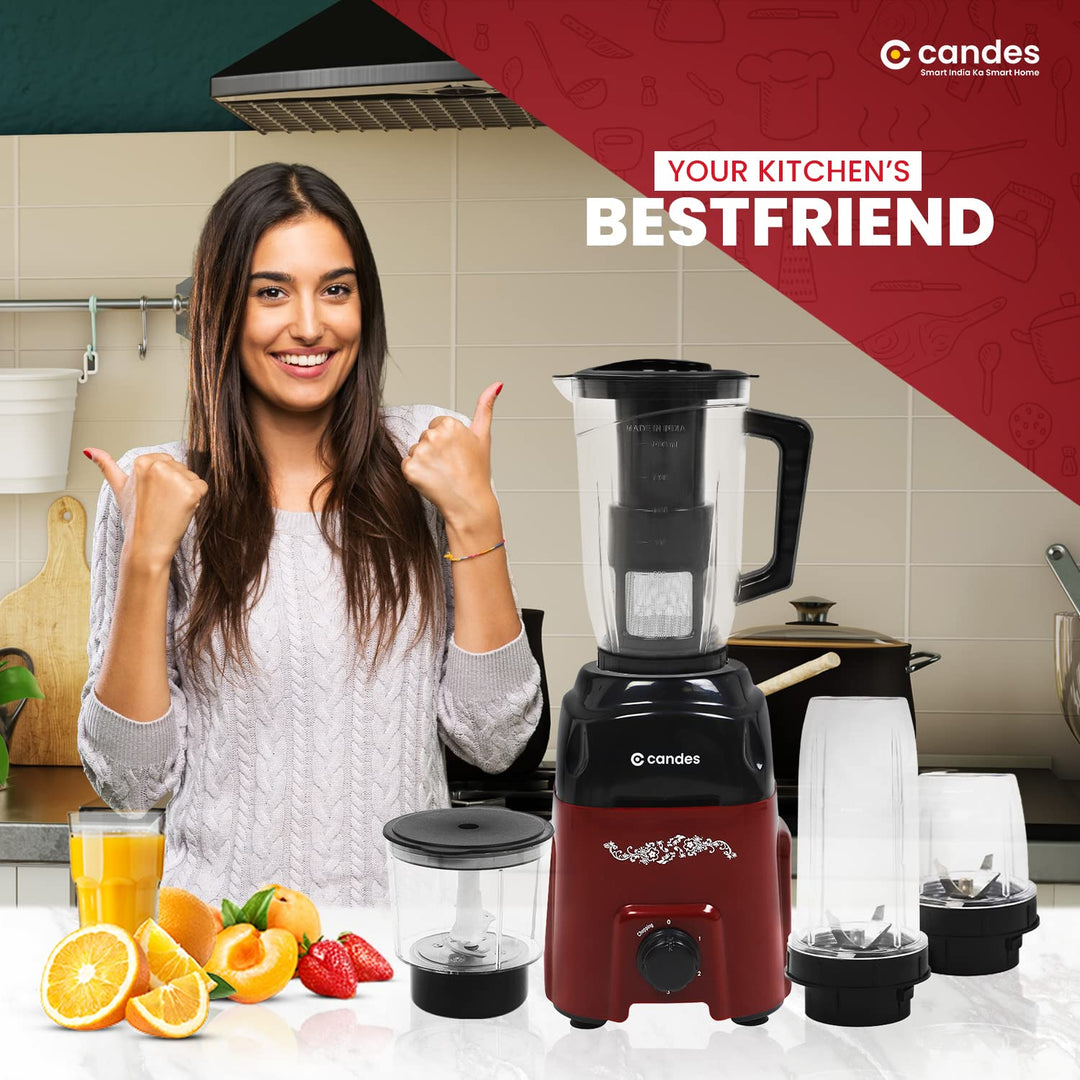 Candes Pearl 600 W Mixer Grinder 4 Jars - Black, Red (1 Year Warranty + 2 Years on Motor Only)