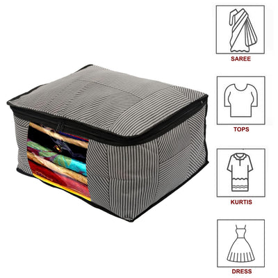 Heart Home Non-Woven Lining Print Saree Organizer|Wardrobe Organizers With Transparent Window, Zipper, Set of 12 (Gray)