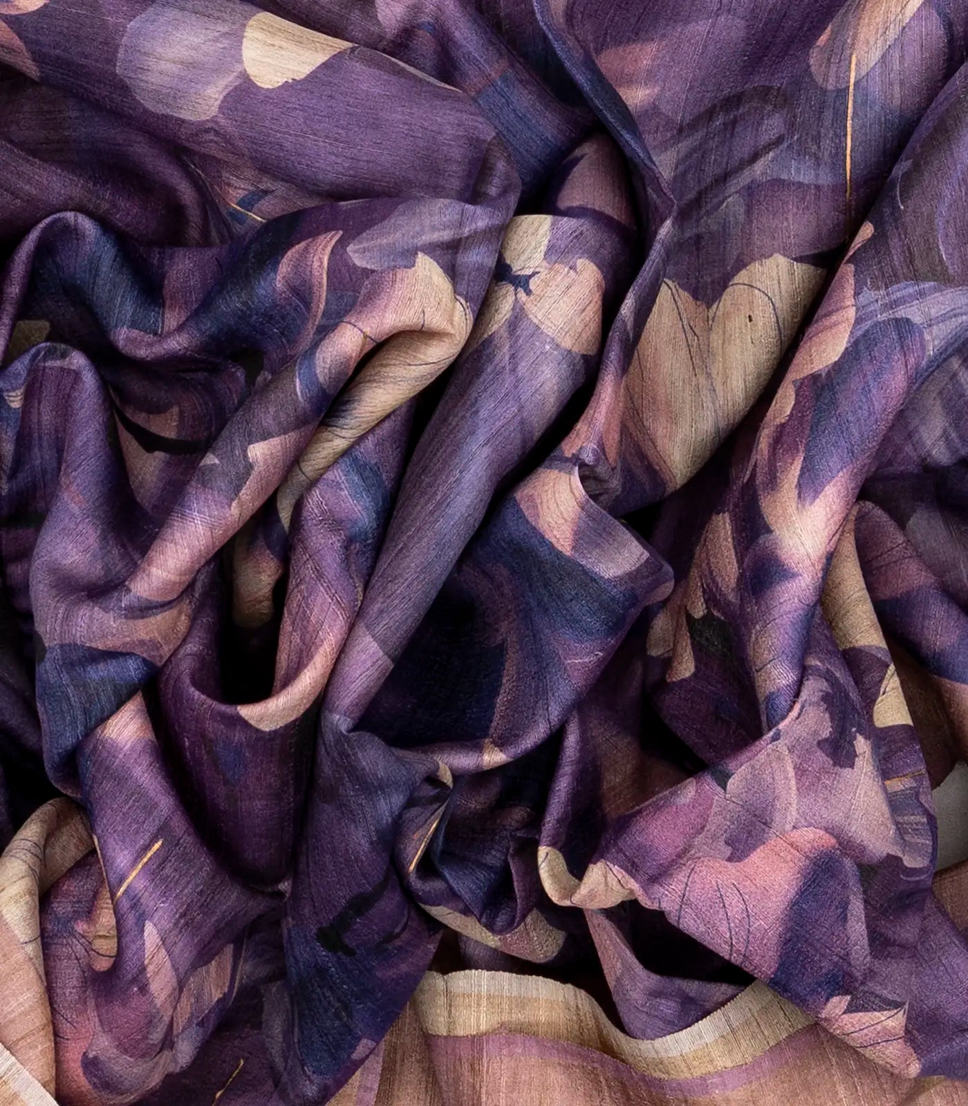 Lilac Handloom Tussar Silk Saree Printed With Floral Motifs & Zari Border
