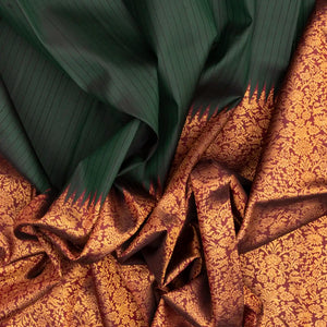 Bottle Green Handloom Kanchipuram Korvai Rising Border Silk Saree With Stripes