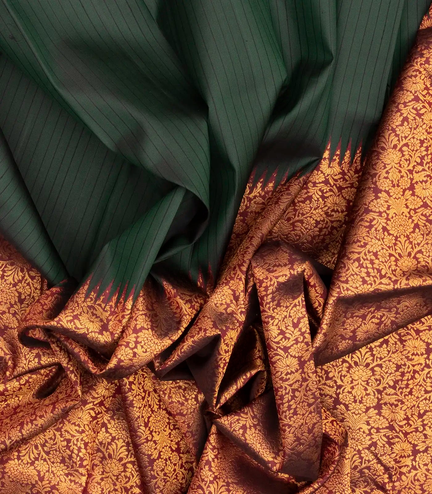 Bottle Green Handloom Kanchipuram Korvai Rising Border Silk Saree With Stripes