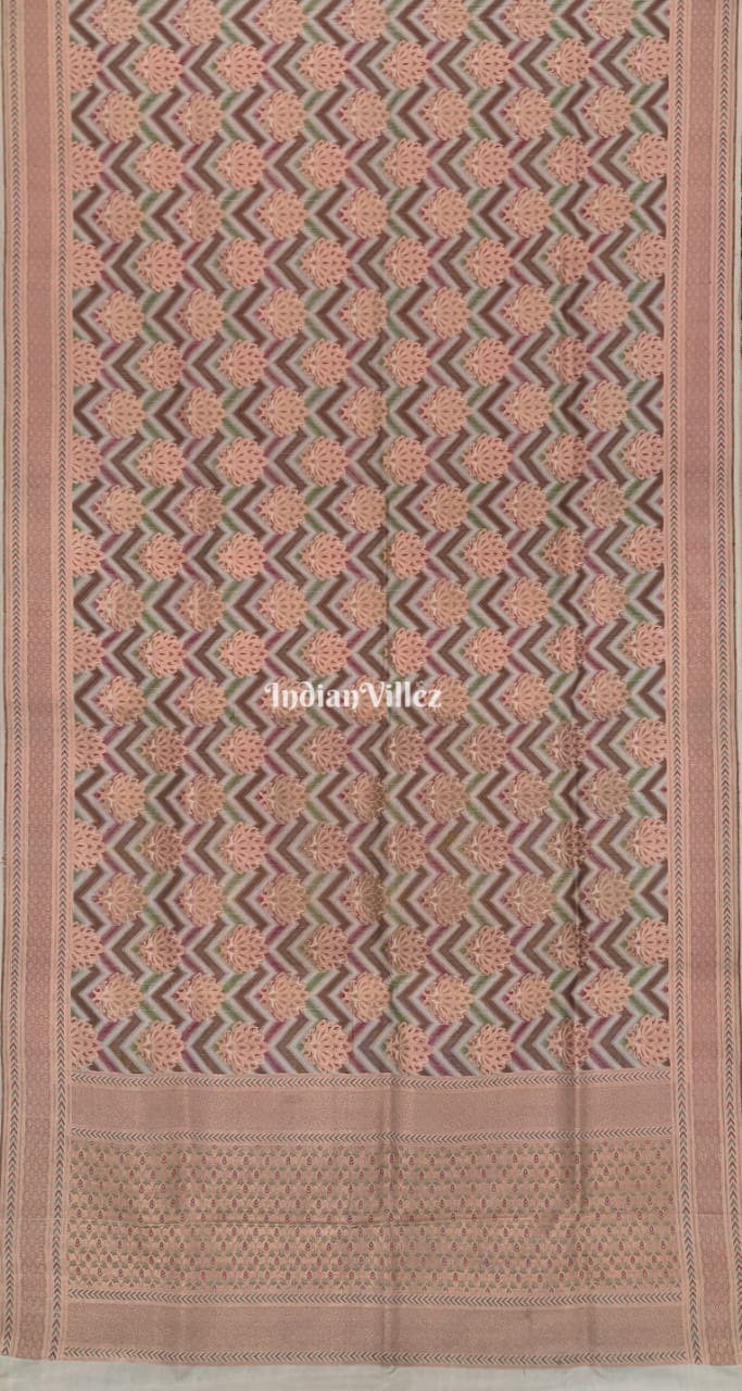 Beige Floral Brocade Banarasi Handloom Silk Saree