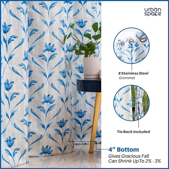 100% Cotton Curtains for Living Room, Bedroom curtains - Pack of 2 curtains, Water Lily - Blue