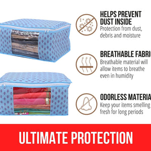 Kuber Industries Floral Print Non-Woven Foldable Saree Cover|Clothes Storage For Saree, Lehenga, Suit With Top Transparent Pack of 3 (Sky Blue)