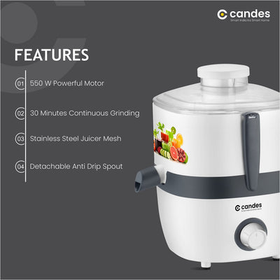 Candes Punch 550-Watt Juicer Mixer Grinder with 2 Jars, 1 Year Warranty (White, Grey)