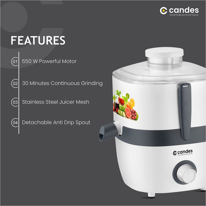 Candes Punch 550-Watt Juicer Mixer Grinder with 2 Jars, 1 Year Warranty (White, Grey)