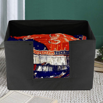 Kuber Industries 3 Pieces Large Capacity Space Saver Closet, Stackable and Foldable Saree, Clothes Storage Bag, Non-Woven Rectangle Cloth Saree Stacker Wardrobe Organizer (Black) CTKTC034591