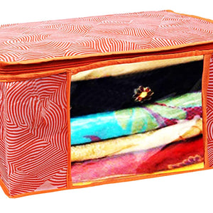 Heart Home Lahariya Design Non-woven Foldable Saree Cover/Clothes Storage Bag/Wardrobe Organizer With Transparent Window- Pack of 3 (Orange)-44HH0377