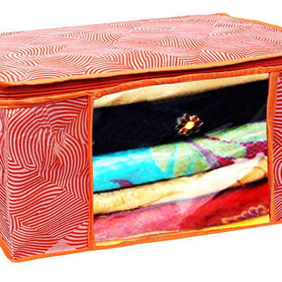 Heart Home Lahariya Design Non-woven Foldable Saree Cover/Clothes Storage Bag/Wardrobe Organizer With Transparent Window- Pack of 3 (Orange)-44HH0377