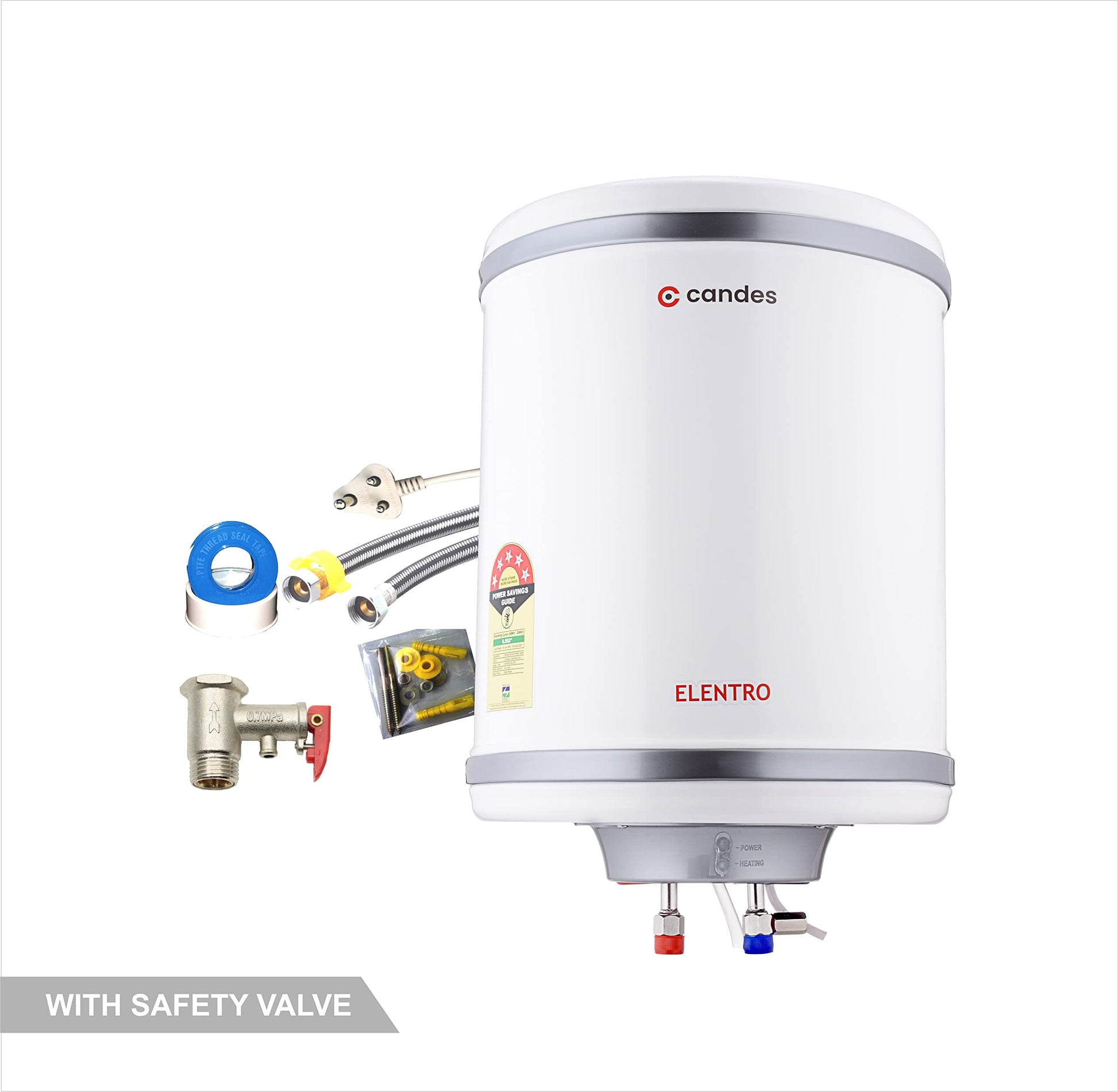 Candes 25 Litre Elentro 5 Star Rated Automatic Instant Storage Electric Water Heater with Special Metal Body Anti Rust Coating With Installation Kit, 2kW Geyser + Safety Valve (White)