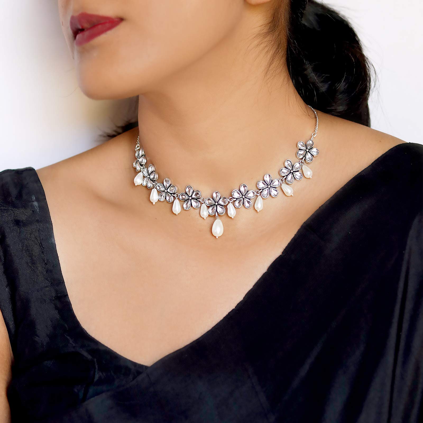 TEEJH Abhita Floral Polki Silver Oxidized Necklace for Women
