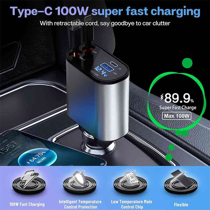 4 in 1 Super Fast Retractable Car Charger (120W)