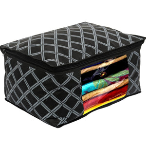 Heart Home Non-Woven Check Print 3 Pieces Underbed Storage Bag & 3 Pieces Saree Cover With Transparent Window, Pack of 6 (Black)