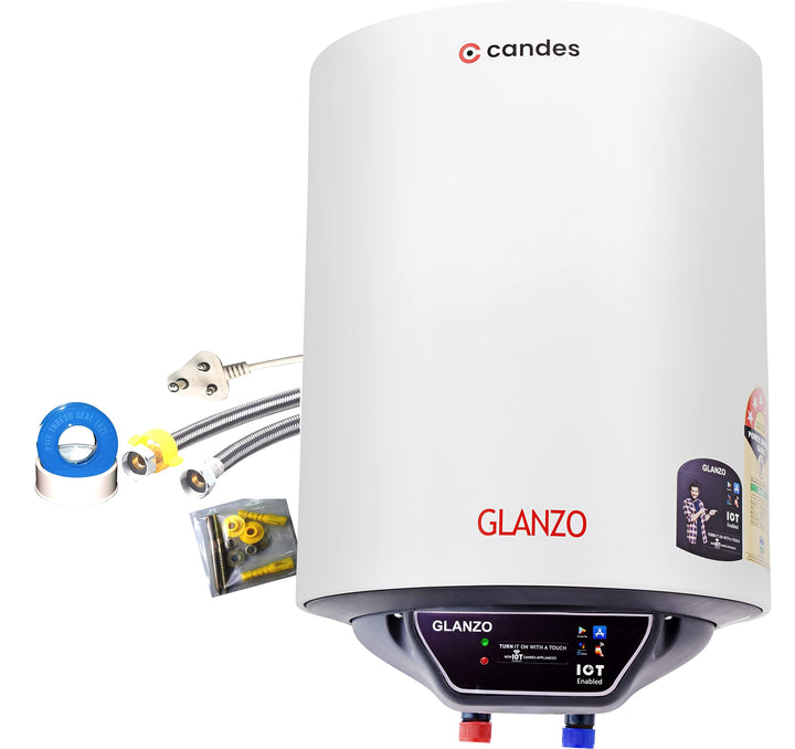 Candes 10 Litre IOT Enabled Glanzo Glassline ISI Approved Storage Electric Water Heater (Geyser) 5 Star Rated with Installation Kit & Special Anti Rust Body, White (2000 W)