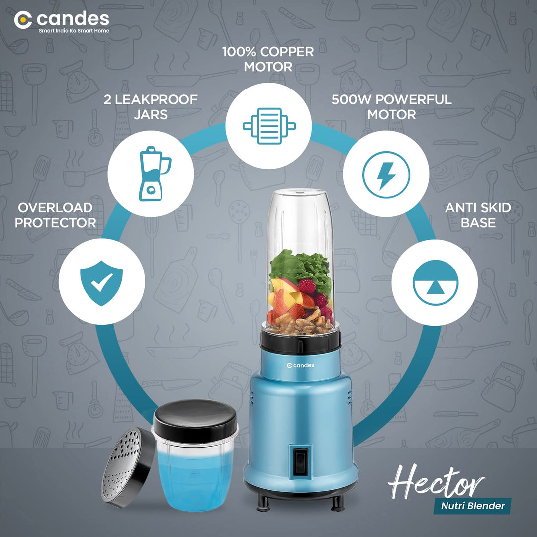 Candes Hector Pro Nutri Blender, 22000 RPM Mixer Grinder, Blender, Chopper, Juicer, Stainless Steel Blades, 2 Unbreakable Jars, 1 Years Warranty | 500-Watts (Blue)