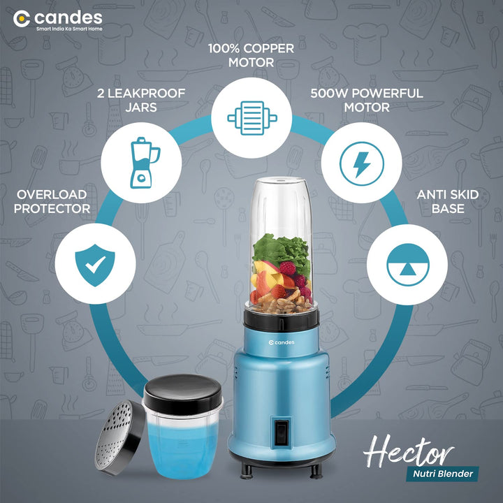 Candes Hector Pro Nutri Blender, 22000 RPM Mixer Grinder, Blender, Chopper, Juicer, Stainless Steel Blades, 2 Unbreakable Jars, 1 Years Warranty | 500-Watts (Blue)