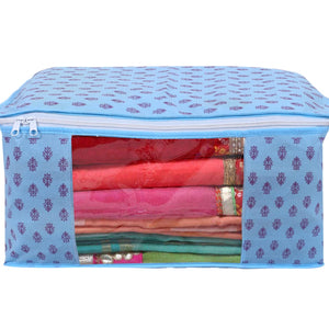 Kuber Industries Floral Print Non-Woven Foldable Saree Cover|Clothes Storage For Saree, Lehenga, Suit With Top Transparent Pack of 3 (Sky Blue)