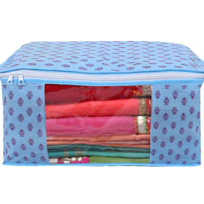 Kuber Industries Floral Print Non-Woven Foldable Saree Cover|Clothes Storage For Saree, Lehenga, Suit With Top Transparent Pack of 3 (Sky Blue)