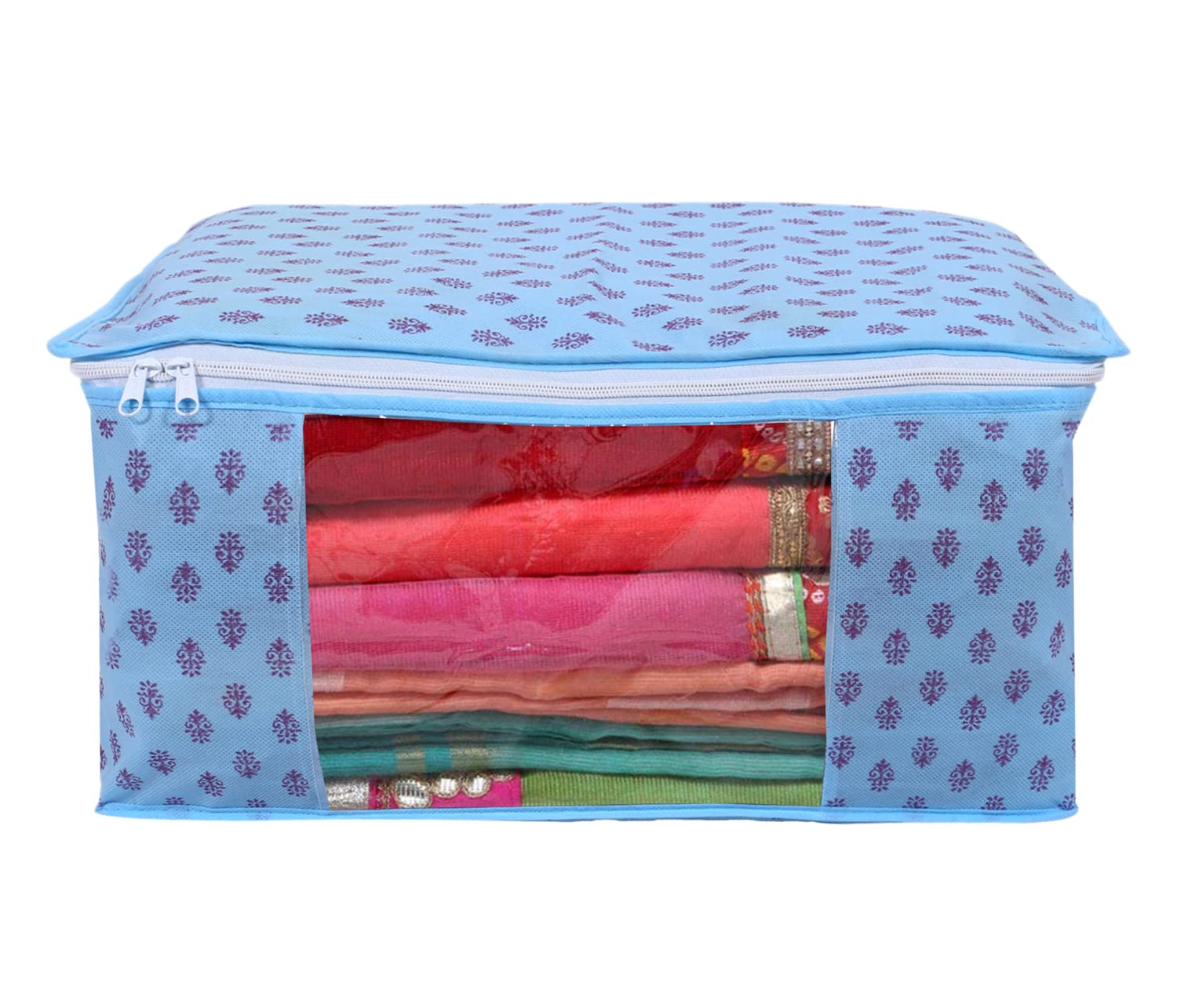Kuber Industries Floral Print Non-Woven Foldable Saree Cover|Clothes Storage For Saree, Lehenga, Suit With Top Transparent Pack of 3 (Sky Blue)