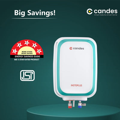 Candes 10 Litre InstoPlus Automatic Storage ISI Approved Vertical Electric Water Heater (Geyser) 5 Star Rated with Installation Kit & Special Anti Rust Body, (White) 2KW