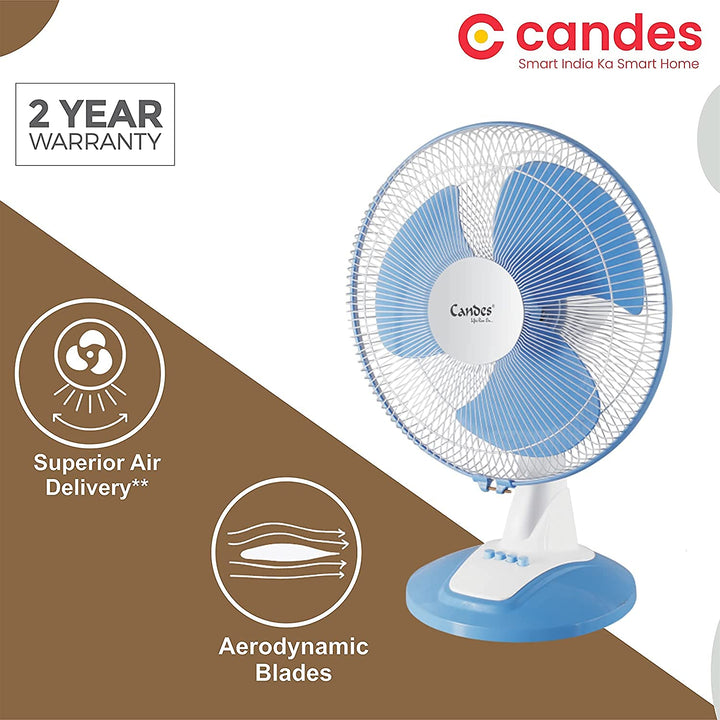 Candes Desker Table Fan for Cooling with Automatic Oscillation (400 MM) 80W (Blue)