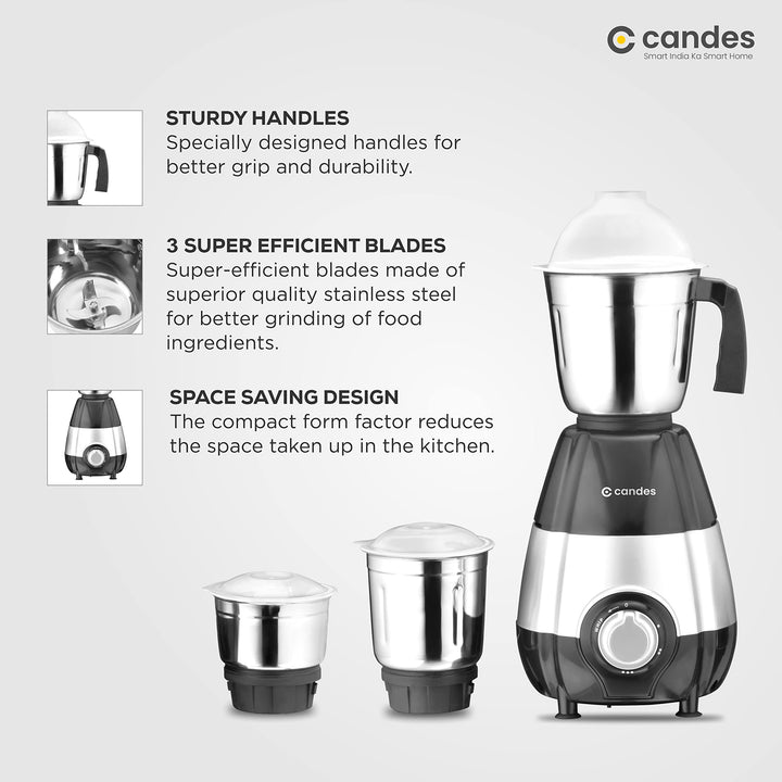 Candes Mercury 760-Watts Mixer Grinder with 3 Stainless Steel Jars (Powerful Motor with 2 Year Warranty Black Silver)