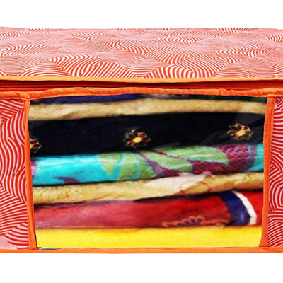 Heart Home Lahariya Design Non-woven Foldable Saree Cover/Clothes Storage Bag/Wardrobe Organizer With Transparent Window- Pack of 3 (Orange)-44HH0377