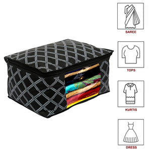 Heart Home Non-Woven Check Print 3 Pieces Underbed Storage Bag & 3 Pieces Saree Cover With Transparent Window, Pack of 6 (Black)