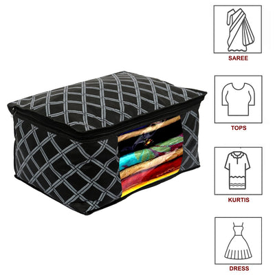 Heart Home Non-Woven Check Print 3 Pieces Underbed Storage Bag & 3 Pieces Saree Cover With Transparent Window, Pack of 6 (Black)