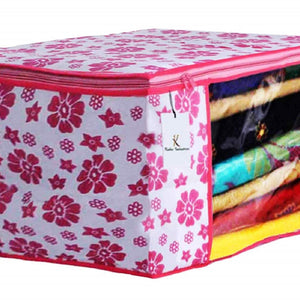 Kuber Industries Metalic & Flower Printed 8 Piece Non Woven Fabric Saree Cover Set with Transparent Window, Extra Large, Pink & Blue & Ivory Red & Golden Brown -CTKTC040935