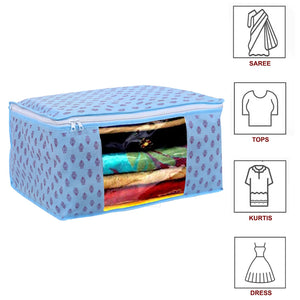 Kuber Industries Floral Print Non-Woven Foldable Saree Cover|Clothes Storage For Saree, Lehenga, Suit With Top Transparent Pack of 3 (Sky Blue)