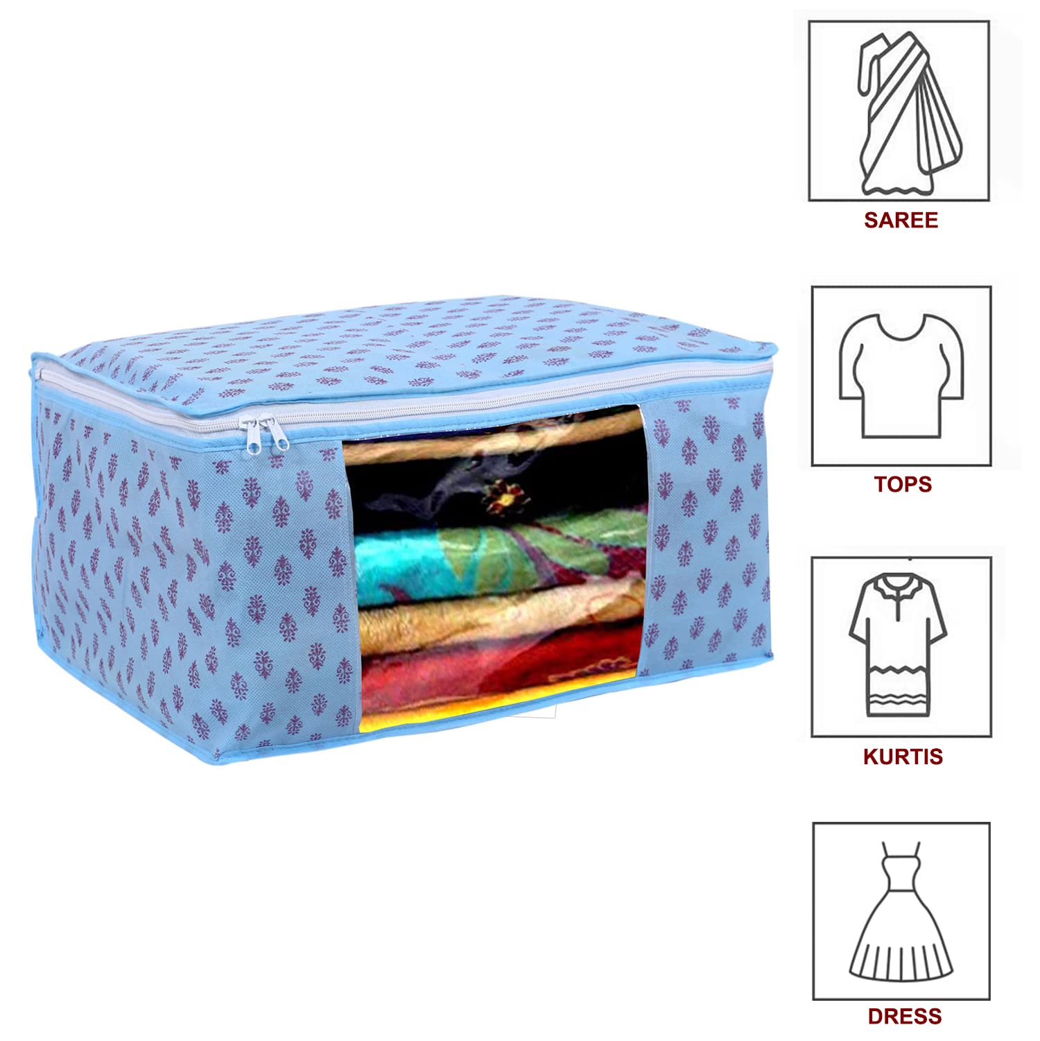 Kuber Industries Floral Print Non-Woven Foldable Saree Cover|Clothes Storage For Saree, Lehenga, Suit With Top Transparent Pack of 3 (Sky Blue)