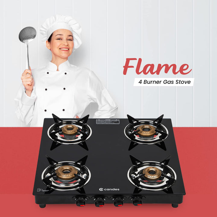 Flame Glass Top Gas Stove 4 Burner, Manual Ignition, Black