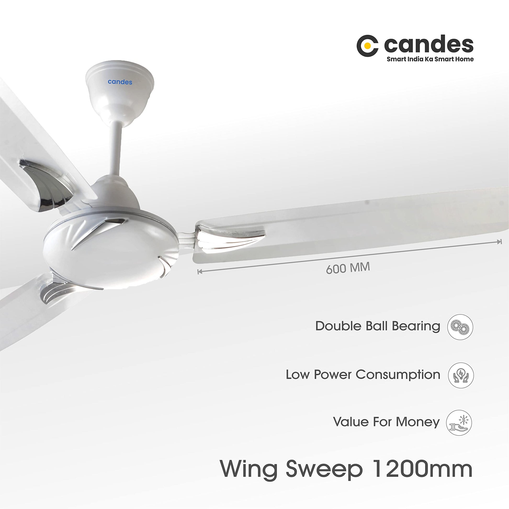 Candes Lynx 1200mm / 48 inch High Speed Decorative 400 RPM (100% CNC Winding) Ceiling Fan 2 Yrs Warranty Pack of 2 (White)