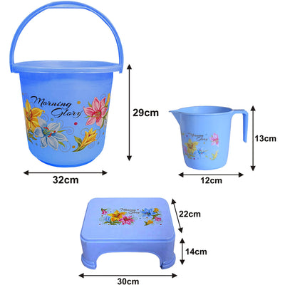 Kuber Industries Printed 3 Pieces Unbreakable Virgin Plastic Multipurpose Bucket, Mug & Stool Set (Blue)